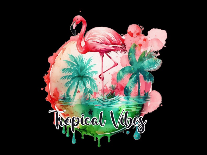 May include: Watercolor illustration of a pink flamingo standing in a tropical scene with palm trees and water. The text "Tropical Vibes" is written below the scene.