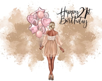 Happy 21st Birthday Blonde Bun Hair Cream Dress Pink Balloons Clipart PNG Digital Files