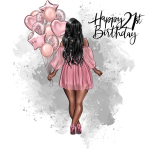 Feliz 21 cumpleaños con curvas pelo negro rosa vestido globos Clipart PNG archivos digitales