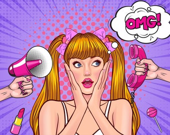 May include: A surprised woman with blonde hair and pink bows in her hair. She is holding her hands to her cheeks and has a shocked expression on her face. There is a pink megaphone, a pink rotary phone, and a pink lollipop in the background. The text "OMG!" is in a thought bubble above her head.