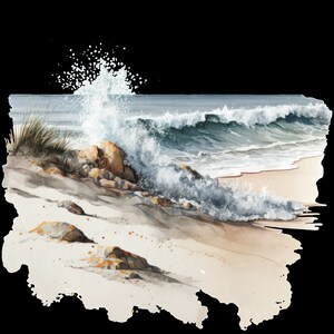May include: A watercolor painting of a crashing wave on a sandy beach. The wave is white with blue and green tones, and the sand is a light beige color. There are some rocks and grass in the foreground.