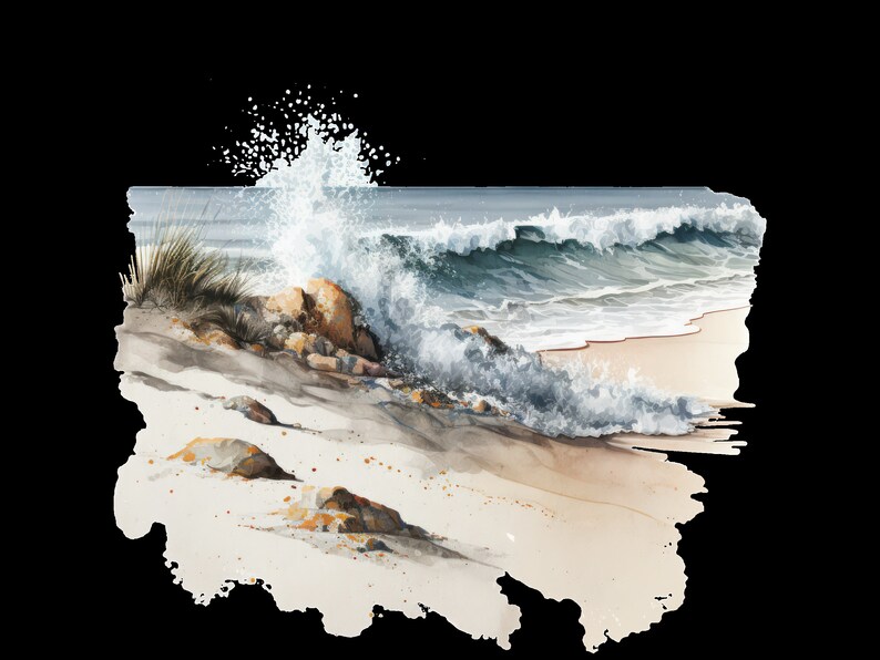 May include: A watercolor painting of a crashing wave on a sandy beach. The wave is white with blue and green tones, and the sand is a light beige color. There are some rocks and grass in the foreground.