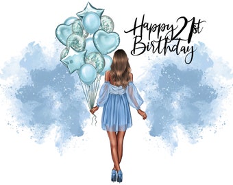 Happy 21st Birthday Brown Hair Blue Dress Balloons Clipart PNG, Digital Files