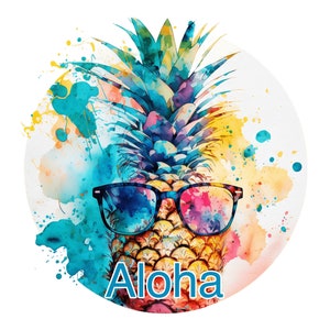 May include: A watercolor illustration of a pineapple wearing sunglasses with a colorful background and the word "Aloha" written below.