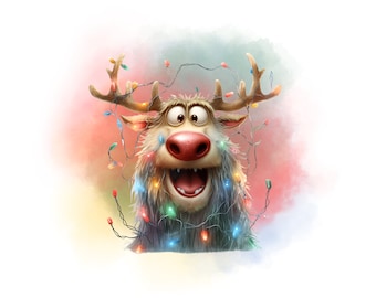 Rudolf das Rentier mit der roten Nase in den Weihnachtslichtern, frohe Weihnachten Rudolf Reindeer PNG transparente Sublimation digitale Dateien