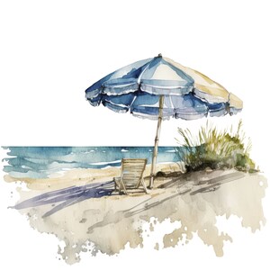 May include: A watercolor painting of a beach scene with a blue and white striped beach umbrella, a wooden beach chair, and green grass. The beach is sandy with blue water in the background.