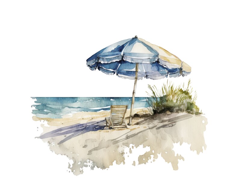 May include: A watercolor painting of a beach scene with a blue and white striped beach umbrella, a wooden beach chair, and green grass. The beach is sandy with blue water in the background.