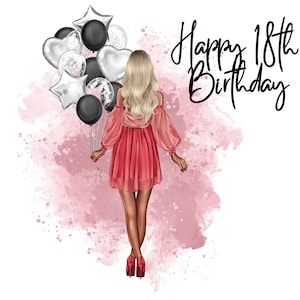 Happy 18e verjaardag blond haar zwart zilver ballonnen clipart PNG, digitale bestanden