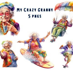 5 X Aquarel My Crazy Grandma Bundle Design PNG Transparante Sublimatie Digitale Bestanden