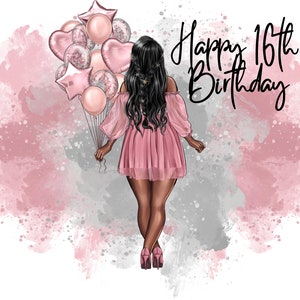 Happy 16th Birthday Curvy schwarze Haare rosa Kleid Luftballons Clipart PNG digitale Dateien