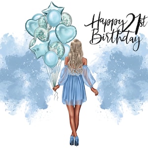 Happy 21st Birthday Blonde Haare Blaues Kleid Ballons Clipart PNG, Digital Files