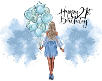 Happy 21st Birthday Blonde Hair Blue Dress Balloons Clipart PNG, Digital Files