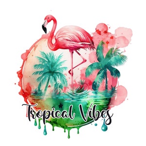 May include: Watercolor illustration of a pink flamingo standing in a tropical lagoon with palm trees. The image has a green, blue, and pink color scheme and the text "Tropical Vibes" is written in black at the bottom.