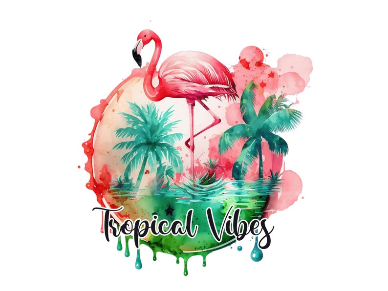 May include: Watercolor illustration of a pink flamingo standing in a tropical lagoon with palm trees. The image has a green, blue, and pink color scheme and the text "Tropical Vibes" is written in black at the bottom.