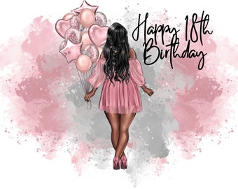 Happy 18th Birthday Curvy Black Hair Pink Dress Pink Balloons Clipart PNG, Digital Files