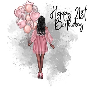 Happy 21e verjaardag slank zwart haar roze jurk ballonnen clipart PNG digitale bestanden