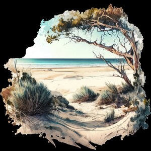 May include: A watercolor painting of a beach scene with a tree in the foreground. The tree has brown branches and green leaves. The beach is sandy and there is blue water in the background.