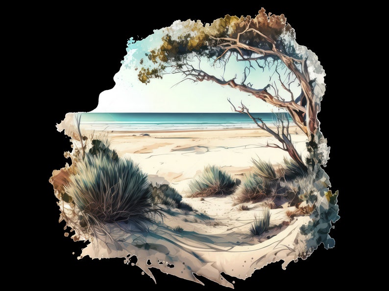May include: A watercolor painting of a beach scene with a tree in the foreground. The tree has brown branches and green leaves. The beach is sandy and there is blue water in the background.