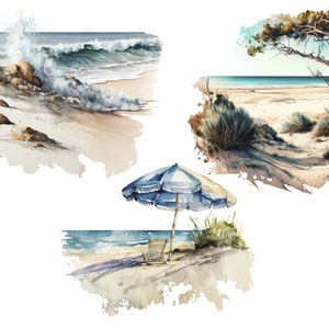 May include: Three watercolor paintings depicting different beach scenes. The first shows a crashing wave on a sandy beach. The second shows a sandy beach with a path leading through the dunes. The third shows a beach umbrella and a chair on a sandy beach.