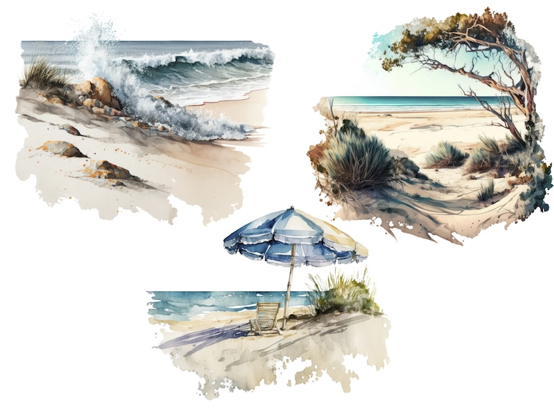 May include: Three watercolor paintings depicting different beach scenes. The first shows a crashing wave on a sandy beach. The second shows a sandy beach with a path leading through the dunes. The third shows a beach umbrella and a chair on a sandy beach.