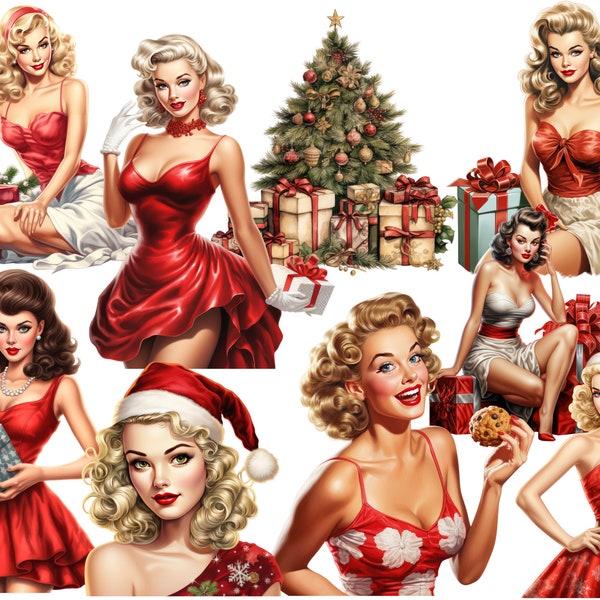 9 X Watercolor Retro Christmas Pin Up Girls PNG Transparent Sublimation Digital Files