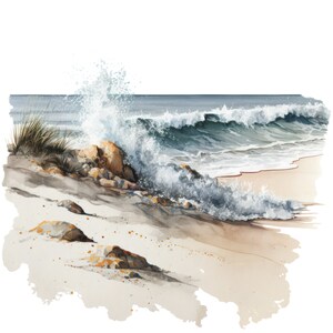 May include: A watercolor painting of a crashing wave on a sandy beach. The wave is green and white with a foamy crest. The beach is light brown with a few rocks and green grass.