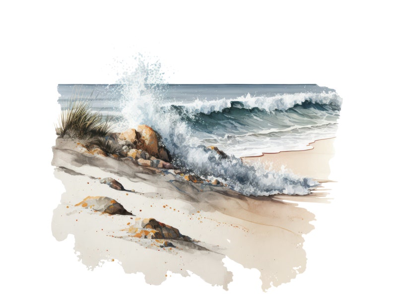 May include: A watercolor painting of a crashing wave on a sandy beach. The wave is green and white with a foamy crest. The beach is light brown with a few rocks and green grass.