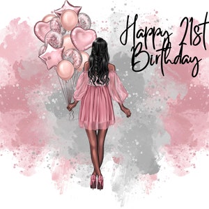 Feliz 21 cumpleaños rosa gris delgado pelo negro vestido rosa globos Clipart PNG archivos digitales