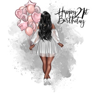 Feliz aniversário de 21 anos, cabelo preto curvilíneo, vestido branco, balões rosa, clipart PNG, arquivos digitais
