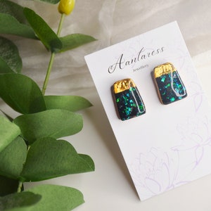 Gold accent Black Opal Polymer clay Studs/ Faux Black Opal earring/ Golden and Black Statement earrings