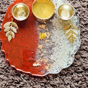 8' Hand-Made Peacock Feather and Real Gold Embellished Resin Art Tray /  Pooja Thali – Limited Edition