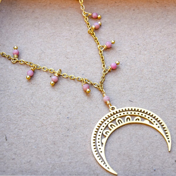 Collier acier, pendentif lune, perles de rhodonite