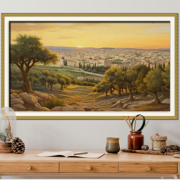 Mount of Olives Oil Painting, Jewish Art, Panoramic Wall Decor, Extra large Wall Art, Israel Map Art, Jerusalem christian art