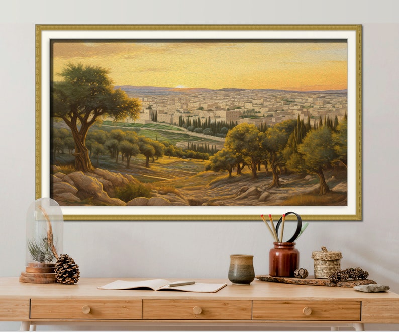 Mount of Olives Oil Painting, Jewish Art, Panoramic Wall Decor, Extra