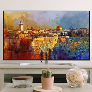 Mauern von Jerusalem Ölgemälde, Jüdische Kunst, Panorama-Wanddekor, extra große Wandkunst, Israel Karte Kunst, Jerusalem christliche Kunst
