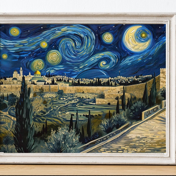 Starry Nights Mount of Olives Oil Painting in Vincent Van Gogh style, Jewish Art Wall Decor Extra large Wall Art Israel Jerusalem christian