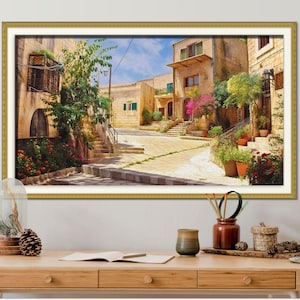 Jerusalem Street Digitales Ölgemälde, Jüdische Kunst, Panorama-Wanddekor, extra große Wandkunst, Israel Map Art