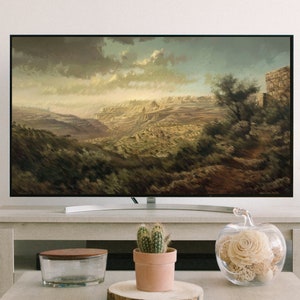 Olieverfschilderij Ayalon Valley, historische joodse kunst, panoramisch muurdecor, extra grote muurkunst, kaartkunst Israël, strijd David en Goliath
