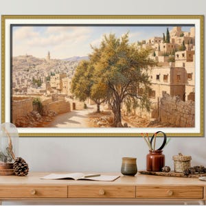 Pintura al óleo digital de olivo en Jerusalén, arte judío para decoración de pared panorámica, póster de arte de Tierra Santa, paisaje bíblico, obra de arte cristiana