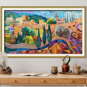 Mauern von Jerusalem Irving Amen Stil Ölgemälde, Historische Jüdische Kunst, Panorama Wanddekoration, Extra große Wandkunst, Israel Karte Kunst