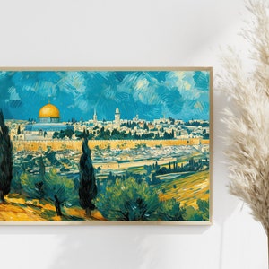 Mount of Olives Oil Painting in Vincent Van Gogh style , Jewish Art Panoramic Wall Decor Extra large Wall Art Israel Jerusalem christian art