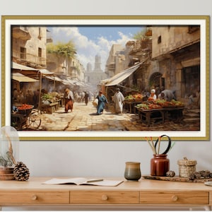 Jerusalem Nachbarschaft digitales Ölgemälde, jüdische Kunst, Panorama-Wand-Dekor, extra große Wandkunst, Israel Karte Kunst