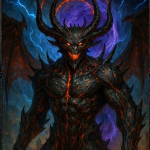 May include: A framed artwork depicting a demonic figure with horns, wings, and a menacing expression. The artwork features a dark color palette with red and orange accents, set against a backdrop of blue and purple lightning. The frame is black and ornate.