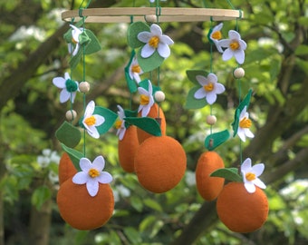 Tangerine orange felt crib mobile, Clementine nursery, Felt white flower mobile, Tropical nursery decor, Fruit mobile, Baby shower gift