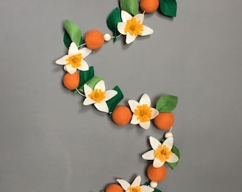 Tangerine flowers garland, Orange blossom felt decor,  white flower decor for nursery, orange blossom flowers, tropical nursery decorations