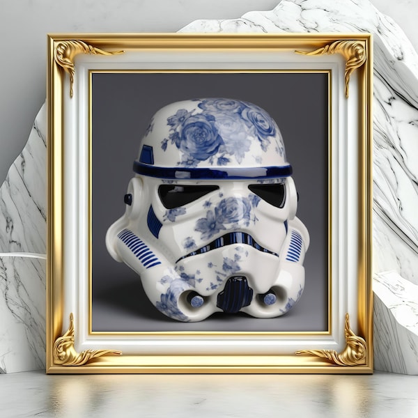 May the Fourth Be With You, Porcelain Helmet Series, Storm Trooper, Star Wars, Qinghua, White and Blue, Sculpture, Pottery, Qing Hua, flower