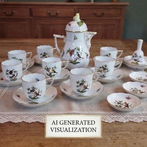 May include: A white porcelain tea set featuring a coffee pot, six cups and saucers, three small dishes, and a bell. Each piece is decorated with colorful bird and insect illustrations and gold trim. The set includes a rectangular lace-trimmed mat.