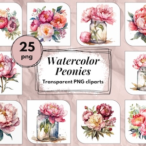 Clipart de pivoine en aquarelle - Fleurs rose, Pivoines rose, fleurs en vase, Pack 25 images, hautes qualités, PNG, usage commercial