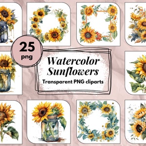 Clipart de Tournesols en aquarelle - Fleurs jaune, Tournesols jaune, fleurs en vase, Pack 25 images, hautes qualités, PNG, usage commercial