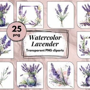 Clipart de Lavande en aquarelle - Fleurs rose, Pivoines rose, fleurs en vase, Pack 25 images, hautes qualités, PNG, usage commercial